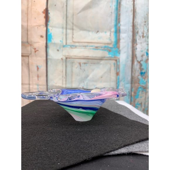 Murano Blown Glass Candy Dish Blue Green Pink Swirl on Clear - Picture 4 of 6